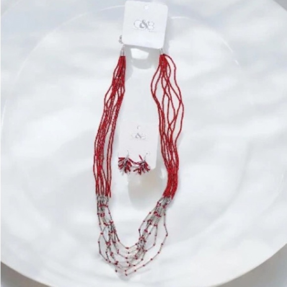 NWT Christopher & Banks red and silver necklace earrings set